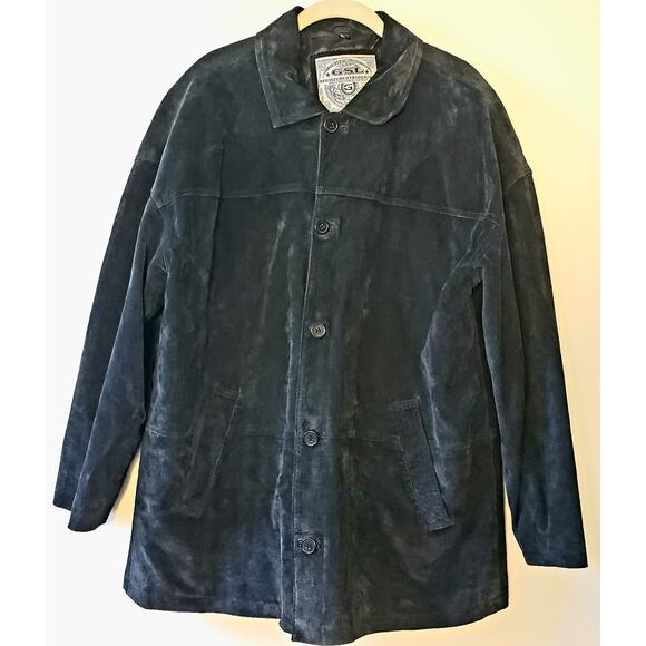 Brandon Thomas Black Leather Suede Coat Jacket Has Button In Quilt Lining Mens L - Picture 1 of 13